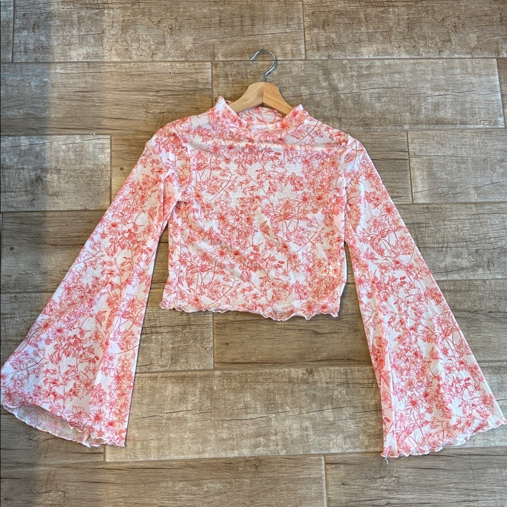 Floral Bell Sleeve Sheer Top - Red and White. Size S